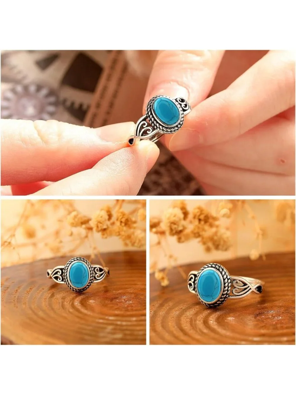 Women's Blue Turquoise 925 Sterling Silver Oval Adjustable Natural Stone Ring